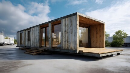 Modern wooden modular home featuring large glass and a spacious deck set outdoors on concrete