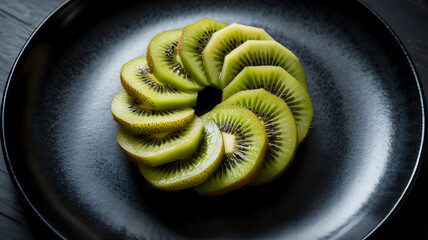 Slices of kiwi fruit arranged in a circular pattern on a black plate
