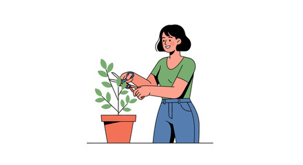 A woman with short hair is pruning a small potted plant with scissors.