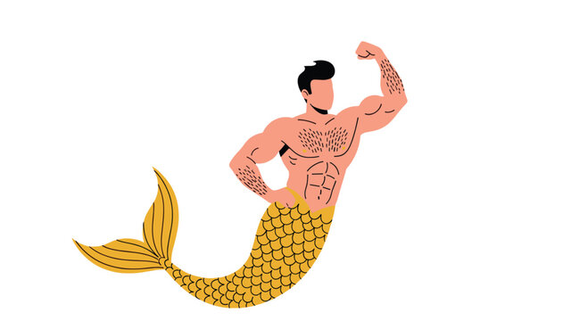 Muscular merman flexing his bicep with a yellow tail.