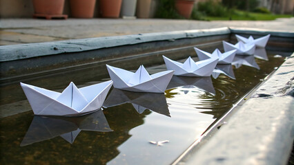 Paper boats floating in a water trough on a sunny day outdoors