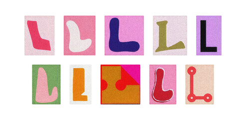 Typography letter L set in diverse styles, cutouts on transparent PNG
