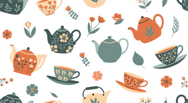 A charming collection of teapots and cups with floral accents.
