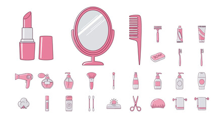 Pink beauty and hygiene items arranged in a neat row, including lipstick, mirror, comb, and various skincare products.