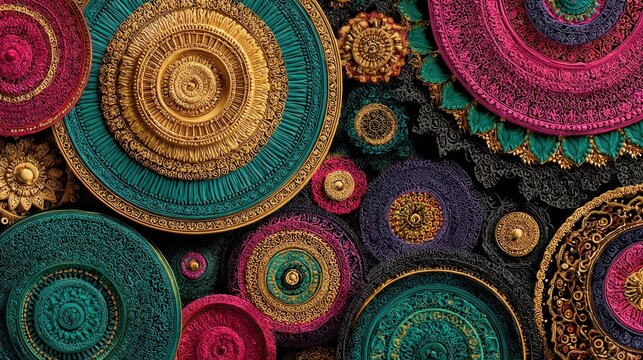 Vibrant Indian cultural background for advertising and print media, intricate mandalas, paisley patterns, traditional motifs.