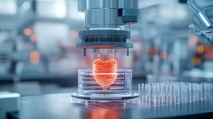 Bioprinter for organ creation. A futuristic bioprinter creating an organ, with glowing layers and intricate mechanical details in a laboratory.