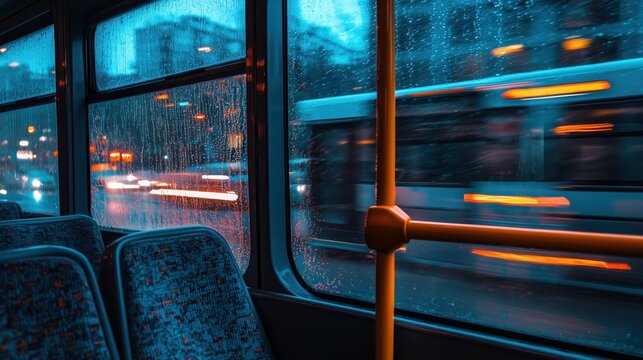 City night journey from a bus window during a downpour, vibrant urban