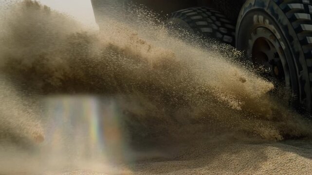A rugged off-road vehicle navigates through deep sand in a desert landscape. Dust and sand spray as it accelerates, showcasing its strength and agility in challenging conditions