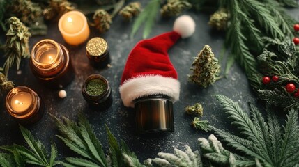 Delightful cannabis Christmas scene with festive buds and candlelight, perfect for holiday promotions and seasonal wellness campaigns, bringing a touch of green cheer to your brand