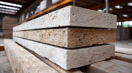 A close-up view of stacked concrete blocks in a construction warehouse. The setting is industrial and showcases building materials.