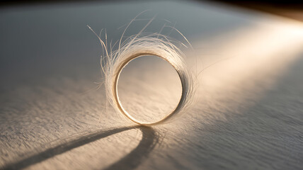 Closeup of a wedding ring with hair on a wooden surface in sunlight