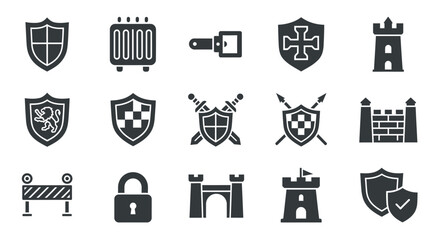 Collection of Black Silhouette Security and Medieval Protection Icons.