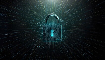 A glowing padlock with a circuit board design stands center, radiating light in a digital environment.