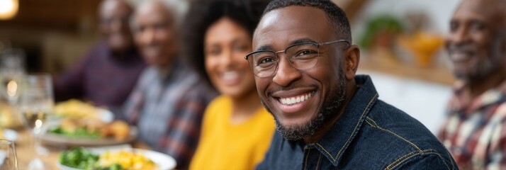 A joyful man smiles at the camera during a family dinner gathering, surrounded by friends enjoying a meal together in a warm, inviting setting.