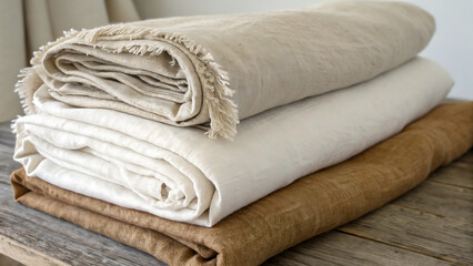 Stack of folded linen fabric on a wooden surface in natural light