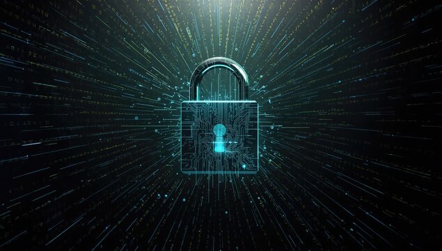 A glowing padlock with a circuit board design stands center, radiating light in a digital environment.