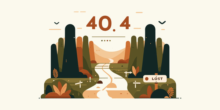 Creative concept illustration for a 404 error page, featuring a winding, lost road disappearing into a remote mountain canyon landscape