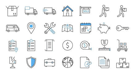 Collection of Diverse Line Art Icons Representing Moving and Logistics Services.