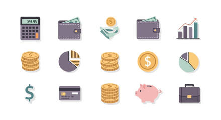 Collection of Financial Icons - Wallets, Coins, Charts, Calculator, and Piggy Bank.