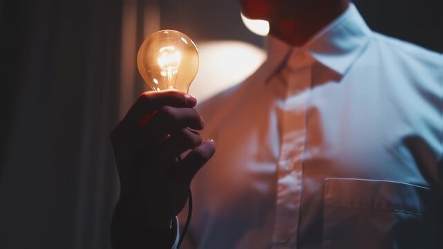 Man holding a lit lightbulb representing a brilliant idea and innovation.