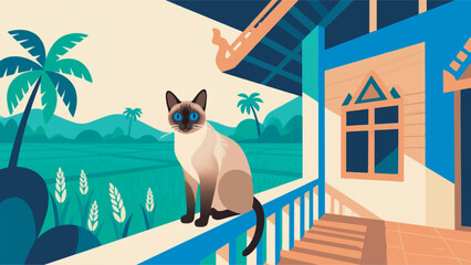 Illustration Of A Blue Eyed Siamese Cat Sitting On The Terrace Of A Traditional House With A Tropical Rice Field In The Background Vector Design Template