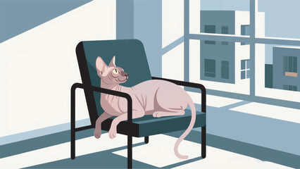 Illustration Of A Sphynx Cat Sunbathing On A Chair Near A Modern Apartment Window Vector Design Template © BedRoses