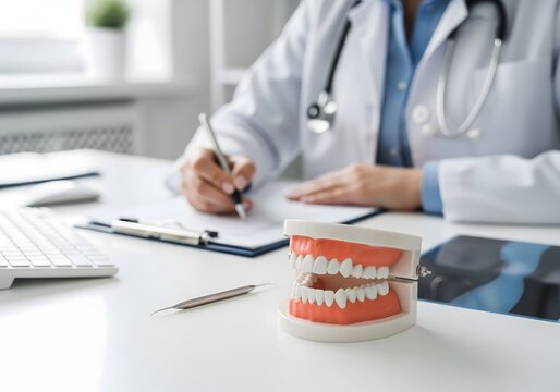 Dental Consultation: A Close-up of a Dentist's Desk with Jaw Model and X-ray