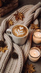 Cozy autumn coffee with candles, sweater, and fall leaves