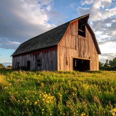 Obraz premium Rustic Wooden Barn in a Field.