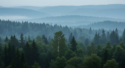 Misty Forest Landscape with Rolling Hills and Evergreen Trees
