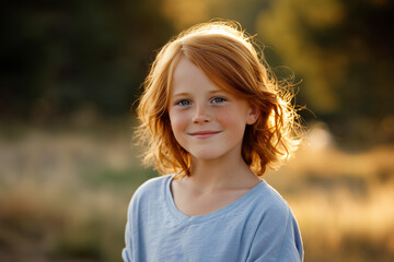Child with red hair smiles in a sunny outdoor setting