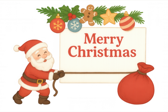 Santa claus pulling a merry christmas banner with present sack, festive holiday watercolor illustration