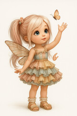 Fototapeta premium A drawn little fairy girl catching a butterfly