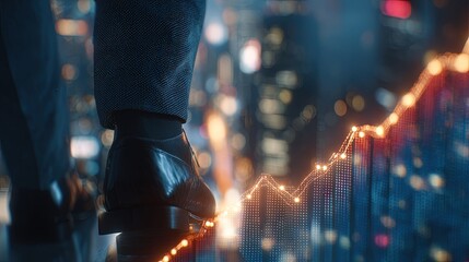 Businessperson Stepping On A Digital Chart In The City At Night