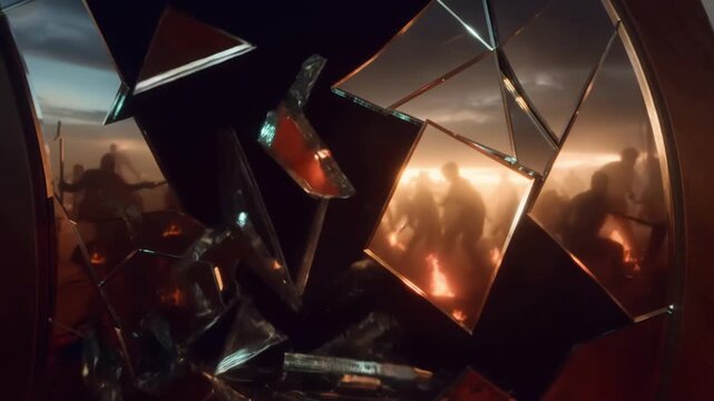 Amid a dramatic sunset, silhouettes of warriors clash as flames flicker around them. Fragments of glass distort the fierce battle, creating a haunting atmosphere of struggle and intensity