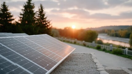 Macro Close Up Of Eco Solar Panels In Field With Sunset