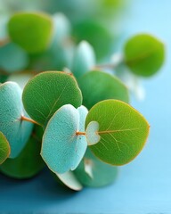 Macro Close Up of Eucalyptus Leaves with Cinematic HDR and Soft Focus on Blue Background