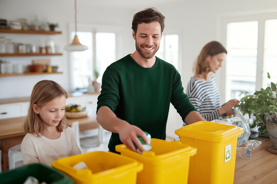 Family recycling together in a bright kitchen space