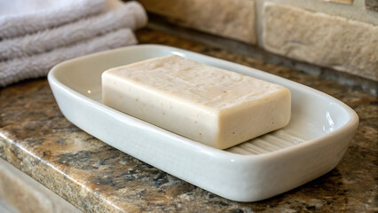 Bar of soap on a soap dish on a granite countertop in a bathroom
