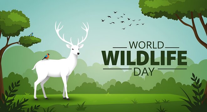 Celebrating World Wildlife Day with Deer Bird and Natural Landscape Illustration