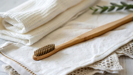 Bamboo toothbrush and white towels on a linen cloth on white background