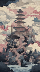Stylized Japanese architectural landscape in modern ukiyo-e style, featuring a tall pagoda, clouds, and a winding staircase.