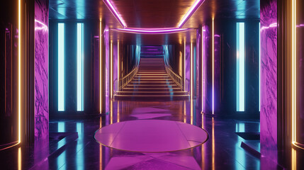 Futuristic neon hallway with glowing stairs and colorful synthwave lighting, featuring vibrant retro-futuristic design.