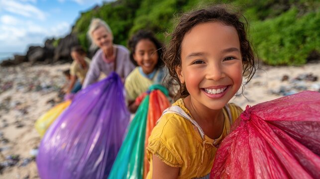 A group of children and adults joyfully cleaning a beach, collecting trash in colorful bags. The scene promotes teamwork and environmental awareness.