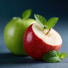 Macro Close Up of Fresh Apple Fruit Half Slice with Mint Leaves on a Dark Background