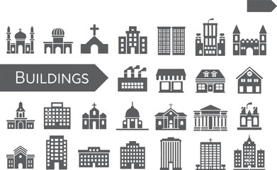 Obraz premium Building icons set, architecture symbols for design, web, app UI — modern flat vector illustrations, commercial use ready