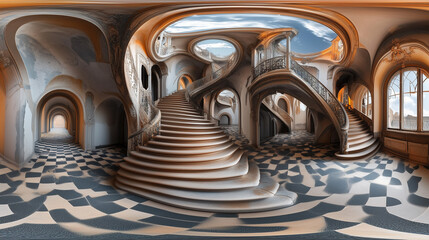 Surreal impossible staircase inside a warped neoclassical interior, dreamlike and distorted Dada style