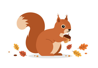 A squirrel holds an acorn surrounded by fallen autumn leaves against a white background