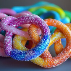Macro close-up of tangled colorful sugar-coated gummy pretzels