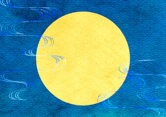 満月と流水と青海波　水彩風の和柄の背景